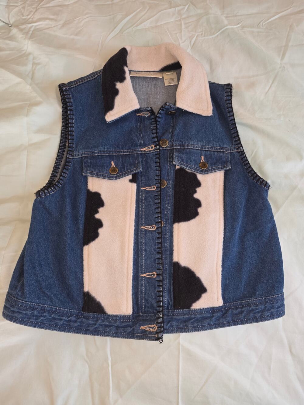 VTG Susan Bristol Cow Print Denim Vest M 90s Western Sherpa Fleece Paneled Boho